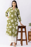 Printed Olive Viscose Linen Mandarin Collar Kurti with 3/4 Sleeves