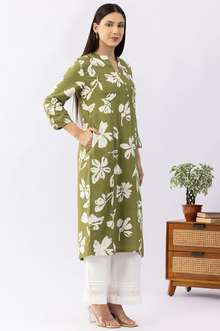 Printed Olive Viscose Linen Mandarin Collar Kurti with 3/4 Sleeves