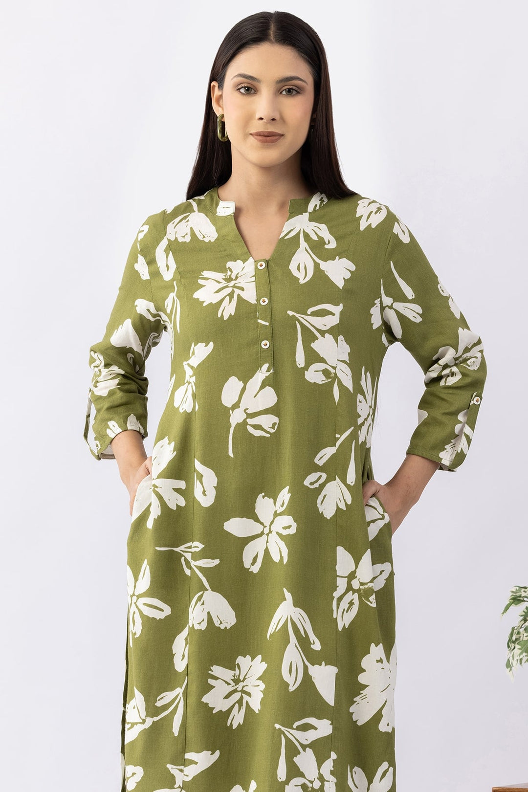 Printed Olive Viscose Linen Mandarin Collar Kurti with 3/4 Sleeves