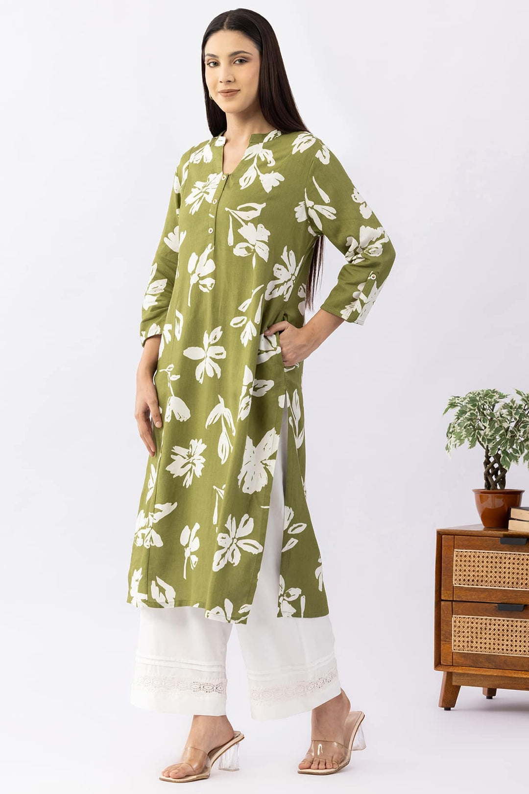 Printed Olive Viscose Linen Mandarin Collar Kurti with 3/4 Sleeves