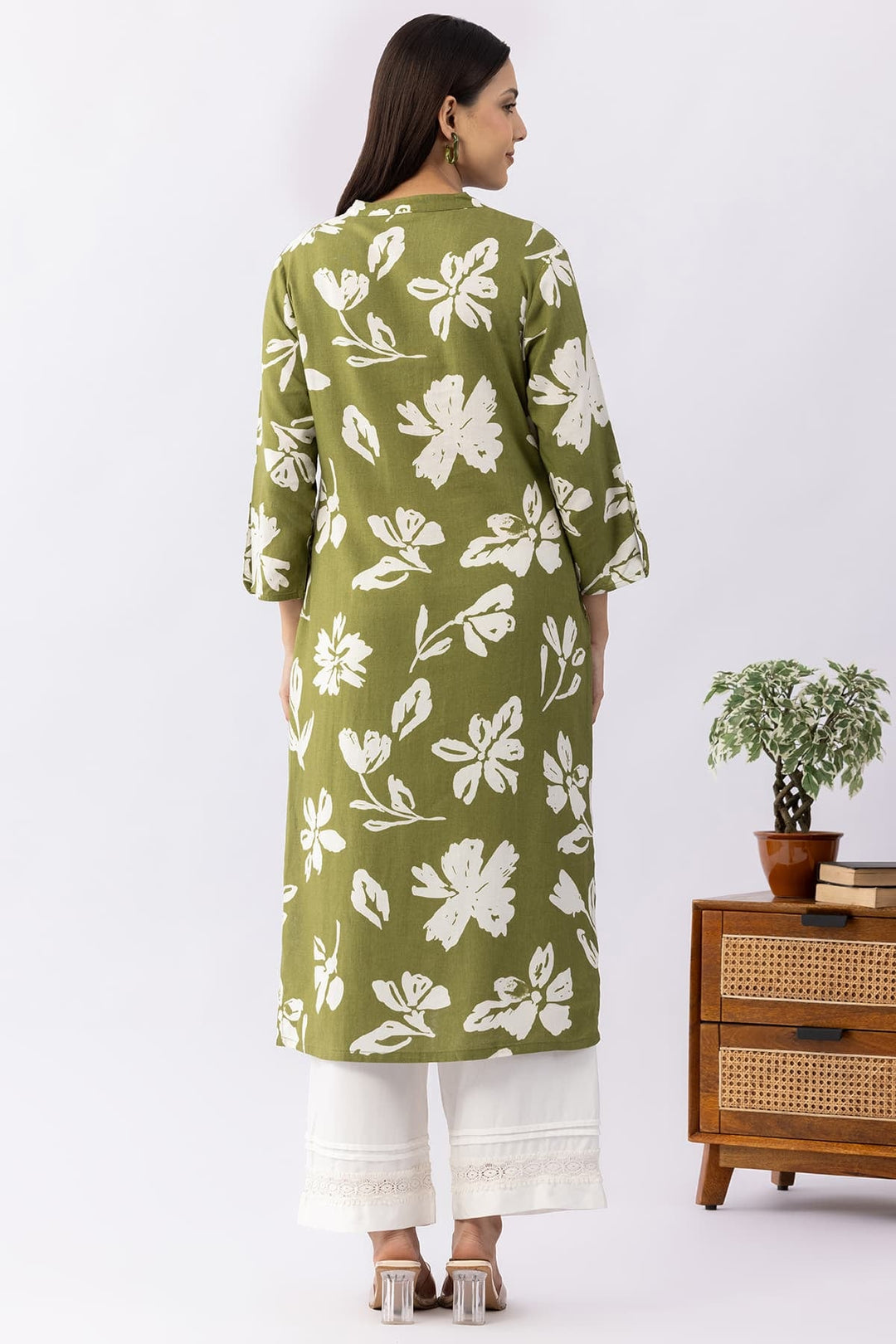 Printed Olive Viscose Linen Mandarin Collar Kurti with 3/4 Sleeves