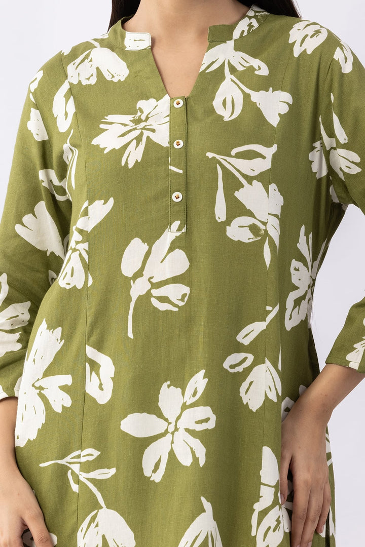 Printed Olive Viscose Linen Mandarin Collar Kurti with 3/4 Sleeves