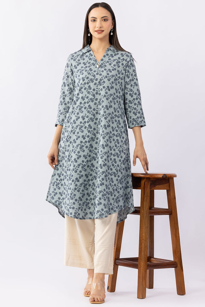 Printed Blue Viscose Dobby Kurti with Collared Neck &amp; 3/4 Sleeves