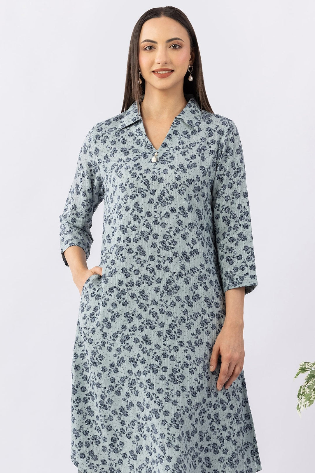 Printed Blue Viscose Dobby Kurti with Collared Neck &amp; 3/4 Sleeves