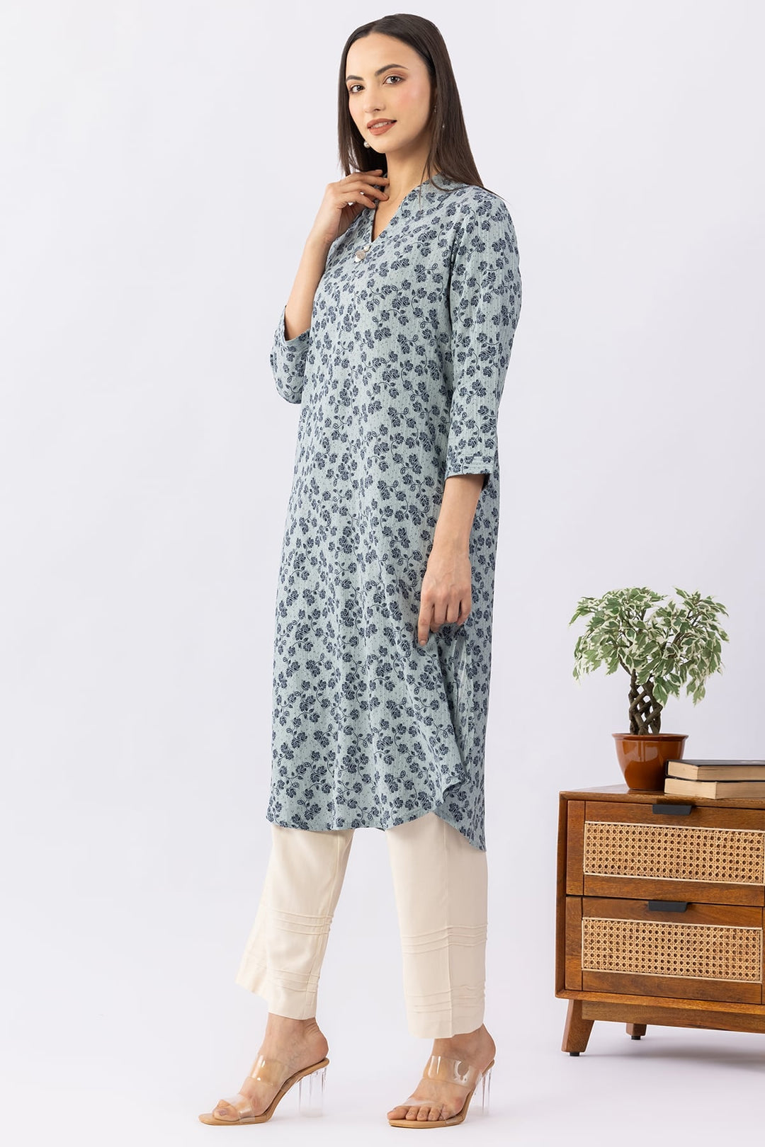 Printed Blue Viscose Dobby Kurti with Collared Neck &amp; 3/4 Sleeves