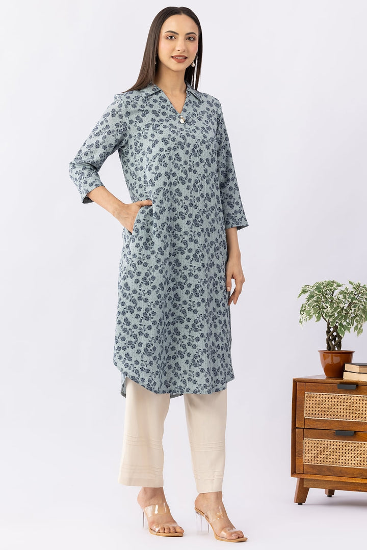 Printed Blue Viscose Dobby Kurti with Collared Neck &amp; 3/4 Sleeves
