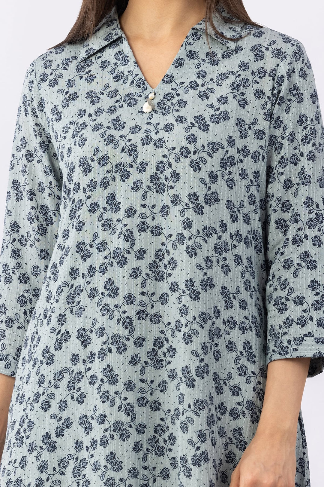 Printed Blue Viscose Dobby Kurti with Collared Neck &amp; 3/4 Sleeves