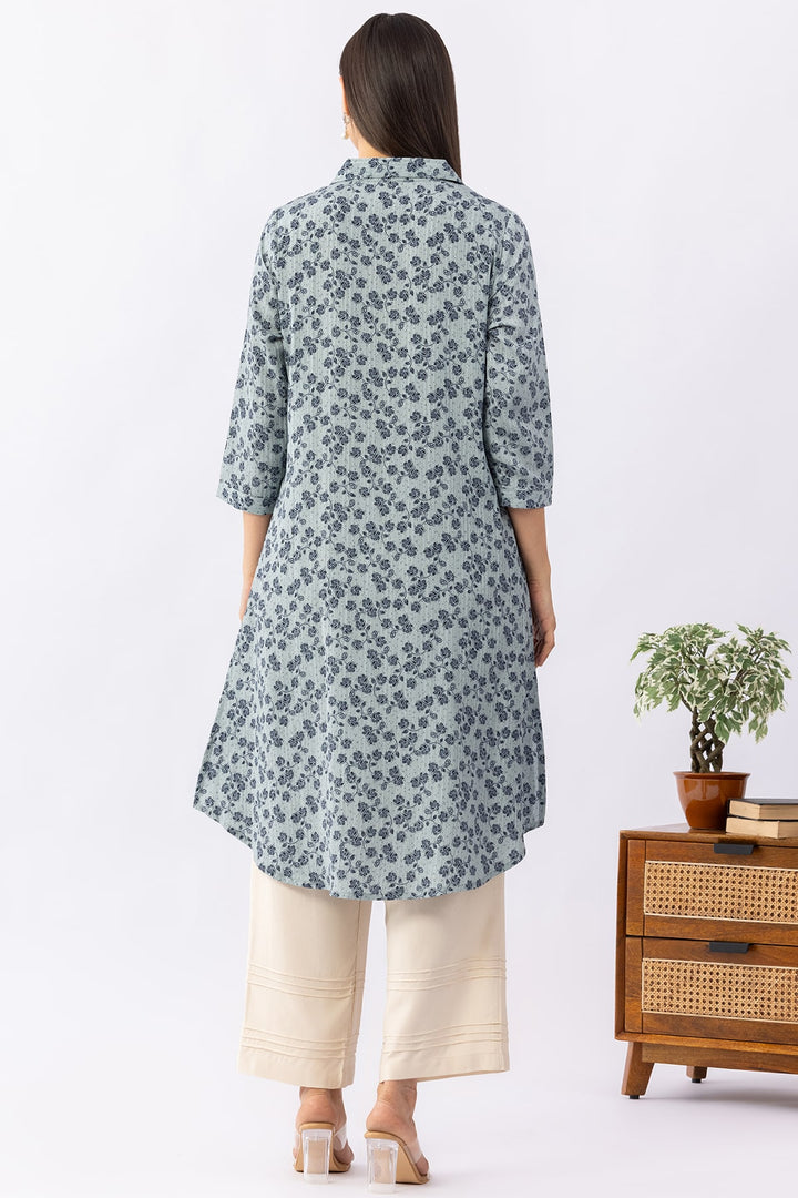 Printed Blue Viscose Dobby Kurti with Collared Neck &amp; 3/4 Sleeves
