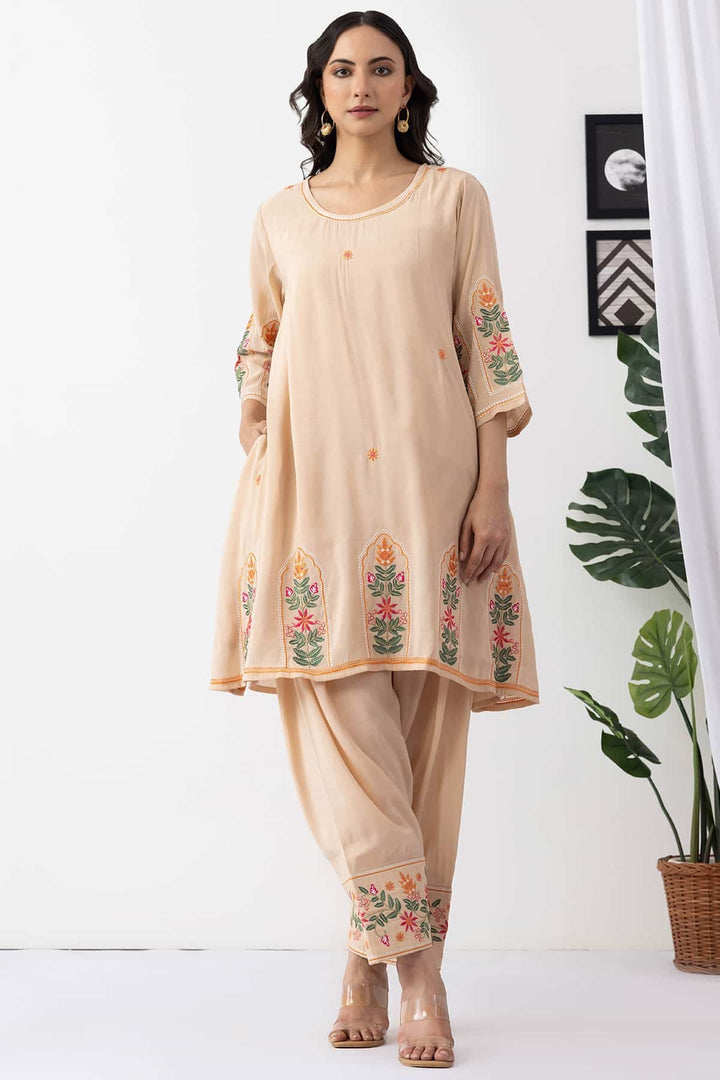 beige kurta set for women embroidered chanderi viscose round neck 3/4 sleeves