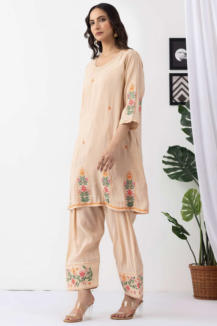 beige kurta for women embroidered chanderi viscose round neck 3/4 sleeves
