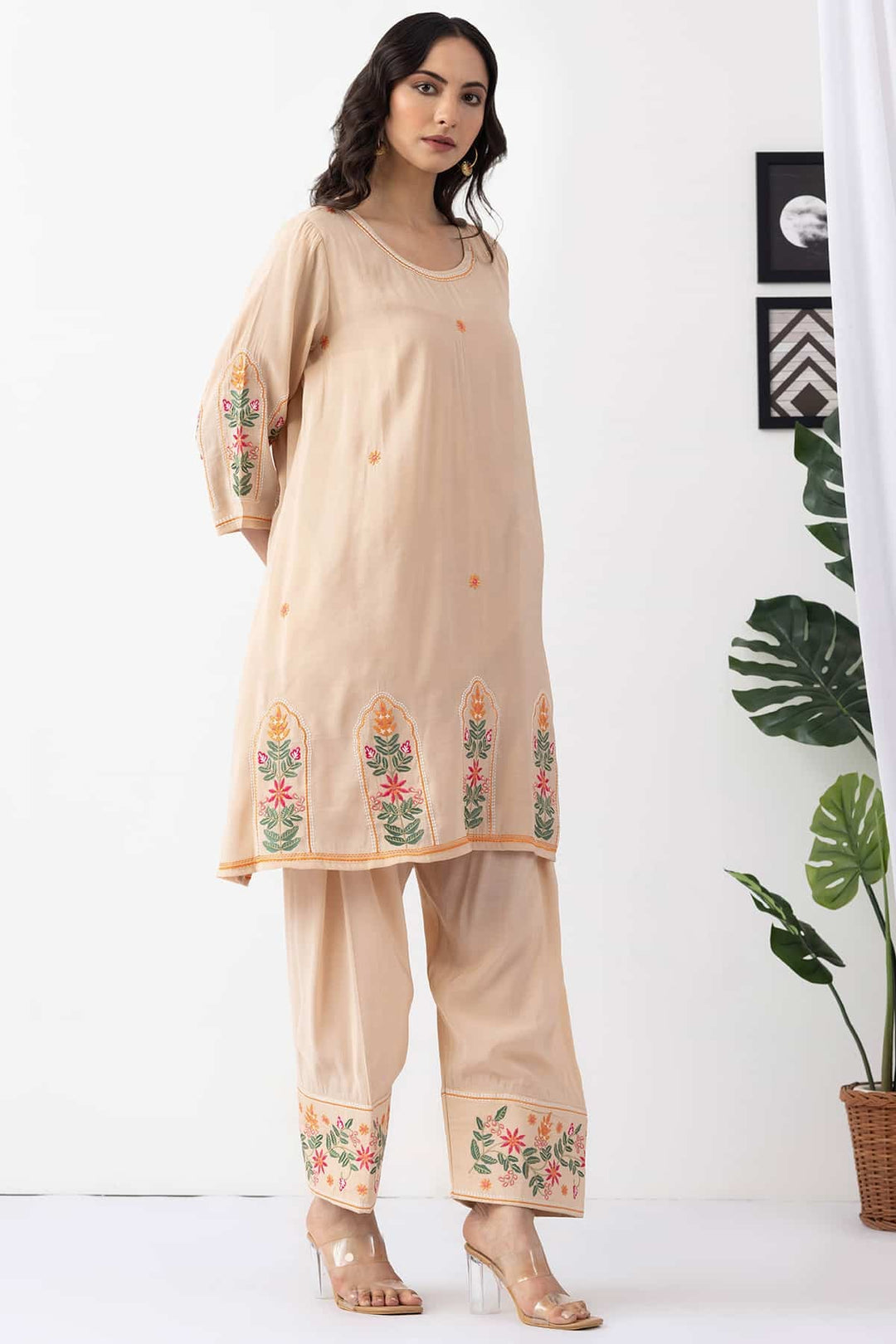 beige kurta for women embroidered chanderi viscose round neck 3/4 sleeves