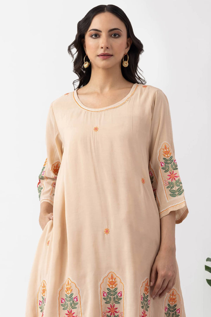 beige kurta for women embroidered chanderi viscose round neck 3/4 sleeves