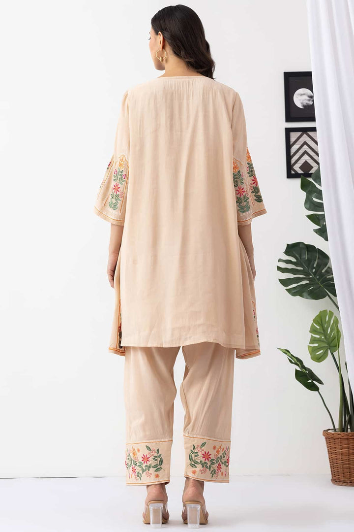beige kurta for women embroidered chanderi viscose round neck 3/4 sleeves