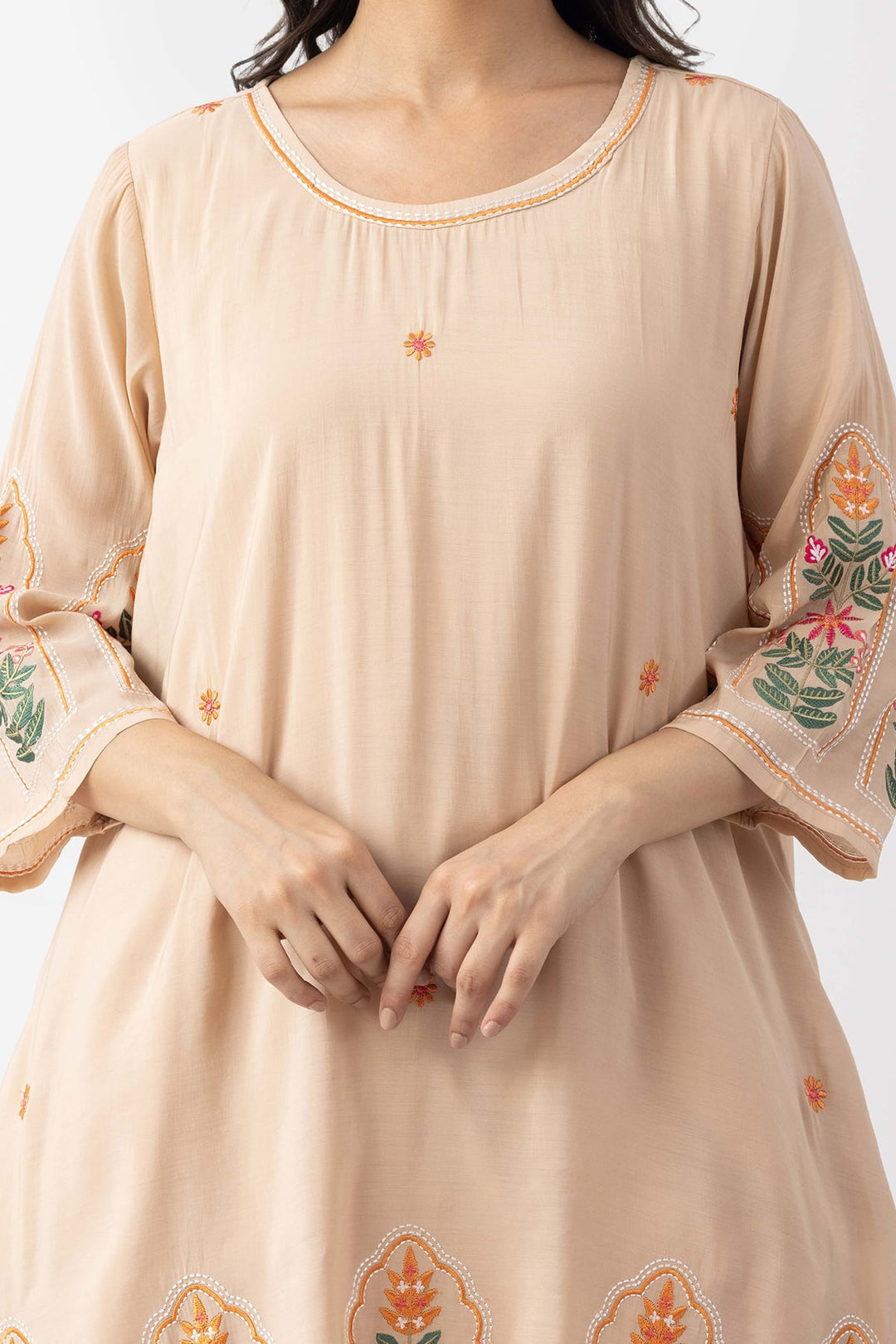 beige kurta for women embroidered chanderi viscose round neck 3/4 sleeves