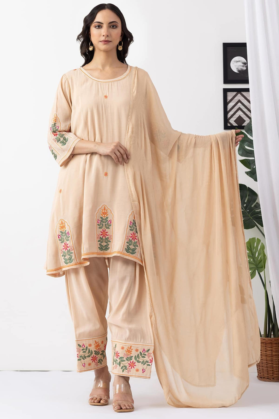 Beige Solid Viscose Chiffon Dupatta