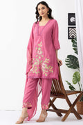 embroidery kurta set onion pink Chanderi viscose square neck 3/4 sleeves