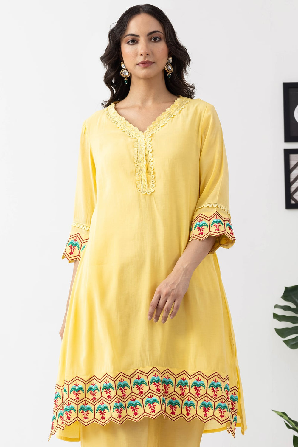 embroidered kurta set for women yellow chanderi viscose palazzo pant v neck