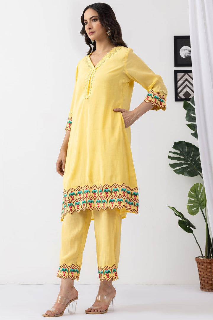 embroidered kurta set for women yellow chanderi viscose palazzo pant v neck