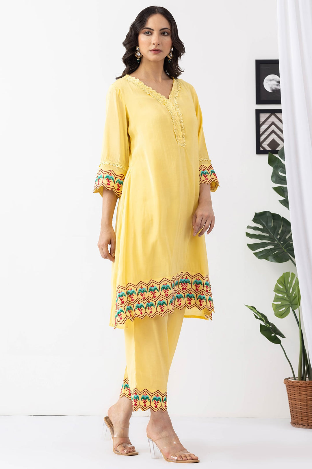 embroidered kurta set for women yellow chanderi viscose palazzo pant v neck