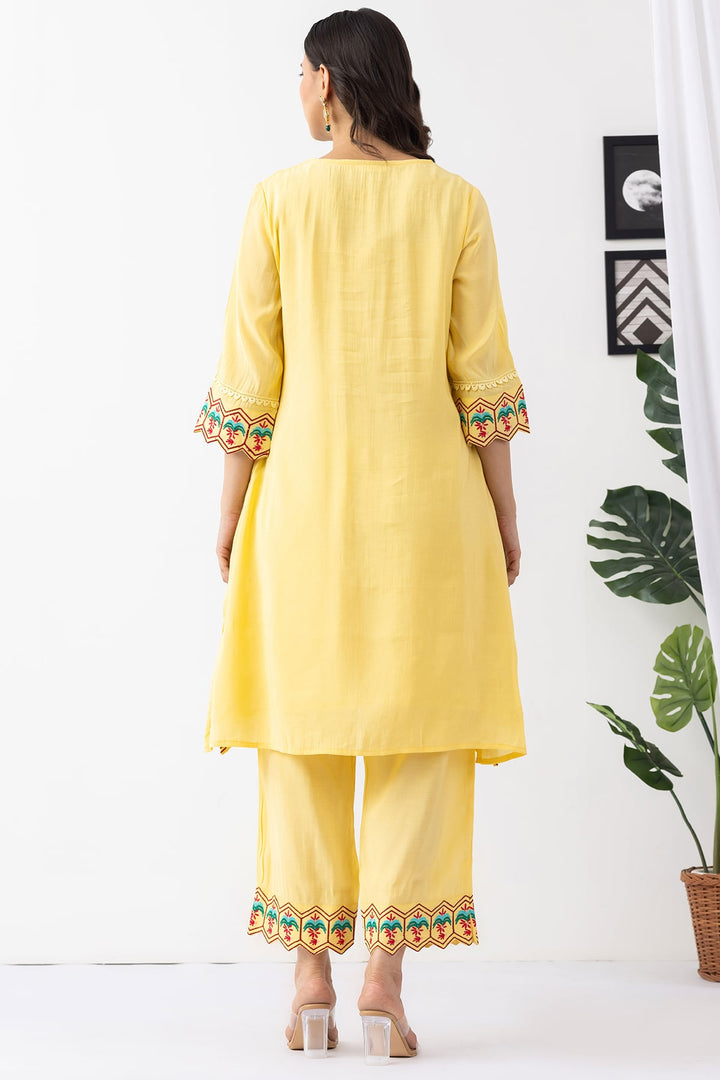 embroidered kurta set for women yellow chanderi viscose palazzo pant v neck