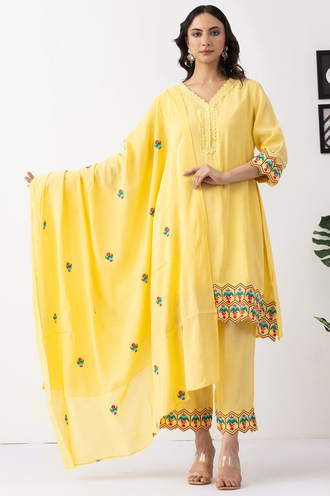 Yellow Embroidered Chanderi Viscose Dupatta