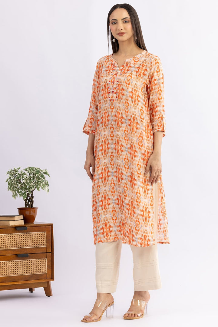 Embroidered Orange Viscose Modal Kurti with Round Neck &amp; 3/4 Sleeves