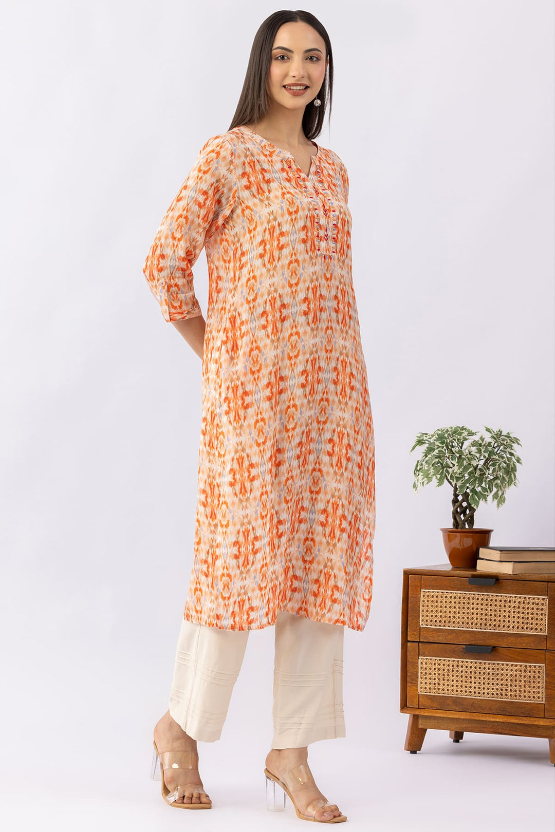 Embroidered Orange Viscose Modal Kurti with Round Neck &amp; 3/4 Sleeves