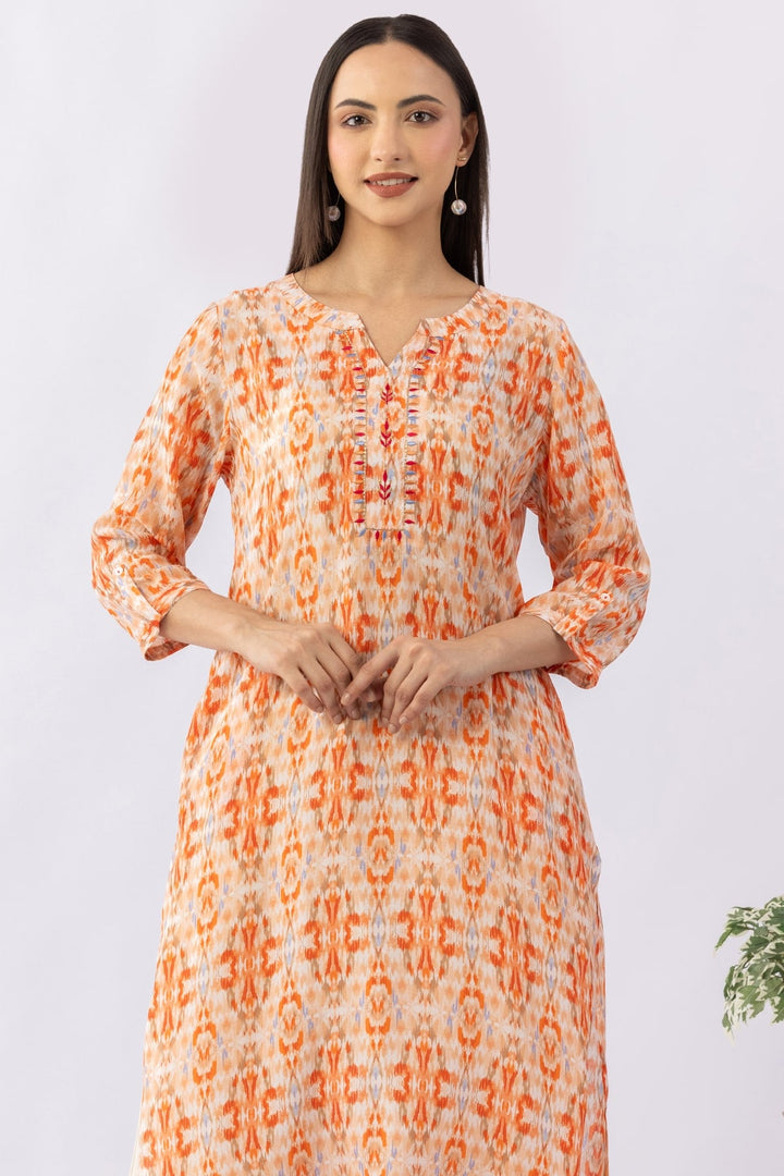Embroidered Orange Viscose Modal Kurti with Round Neck &amp; 3/4 Sleeves