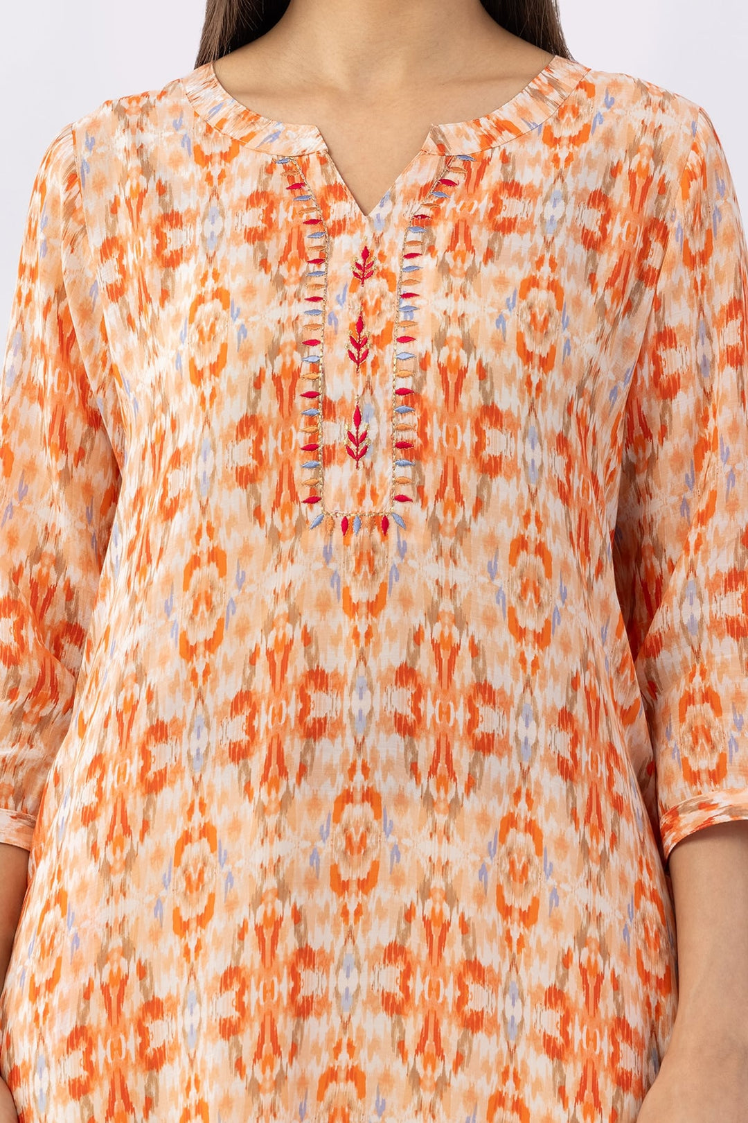 Embroidered Orange Viscose Modal Kurti with Round Neck &amp; 3/4 Sleeves