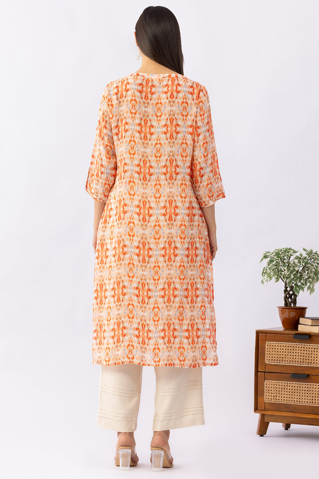 Embroidered Orange Viscose Modal Kurti with Round Neck &amp; 3/4 Sleeves