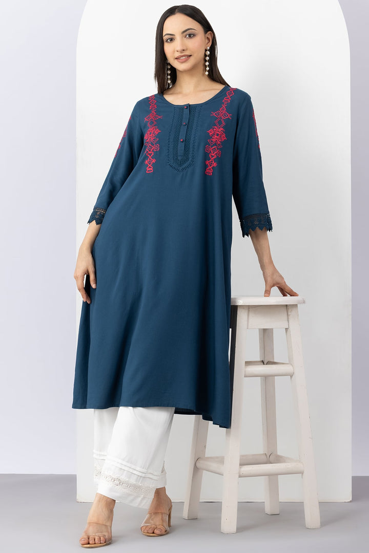Teal Viscose Embroidered Kurti with Round Neck &amp; 3/4 Sleeves