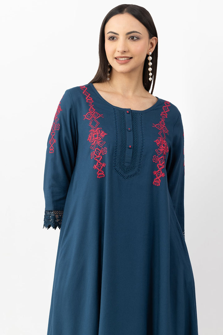 Teal Viscose Embroidered Kurti with Round Neck &amp; 3/4 Sleeves