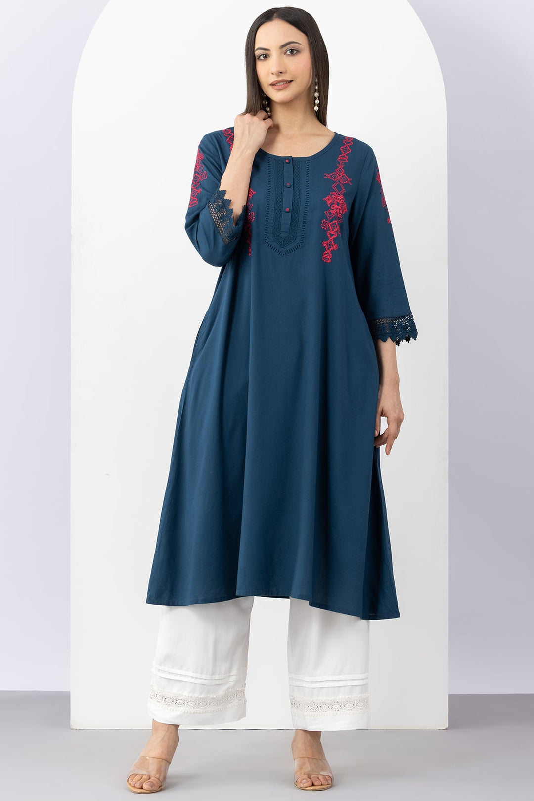 Teal Viscose Embroidered Kurti with Round Neck &amp; 3/4 Sleeves