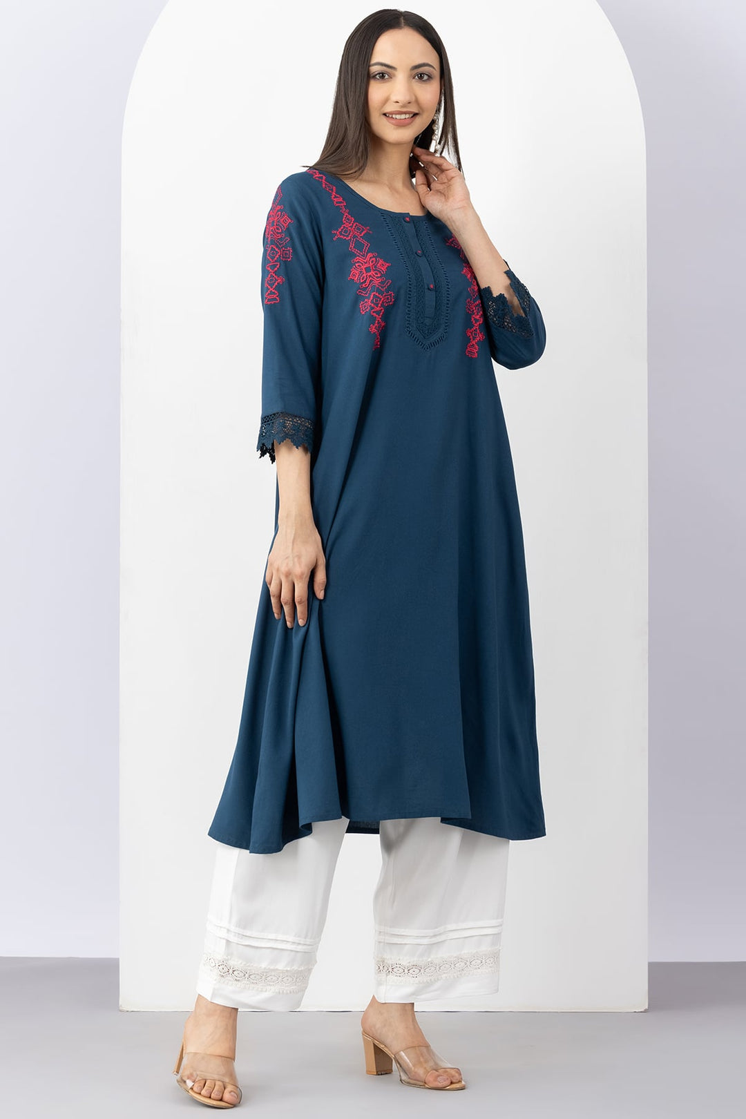 Teal Viscose Embroidered Kurti with Round Neck &amp; 3/4 Sleeves