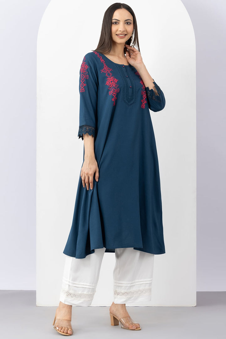 Teal Viscose Embroidered Kurti with Round Neck &amp; 3/4 Sleeves