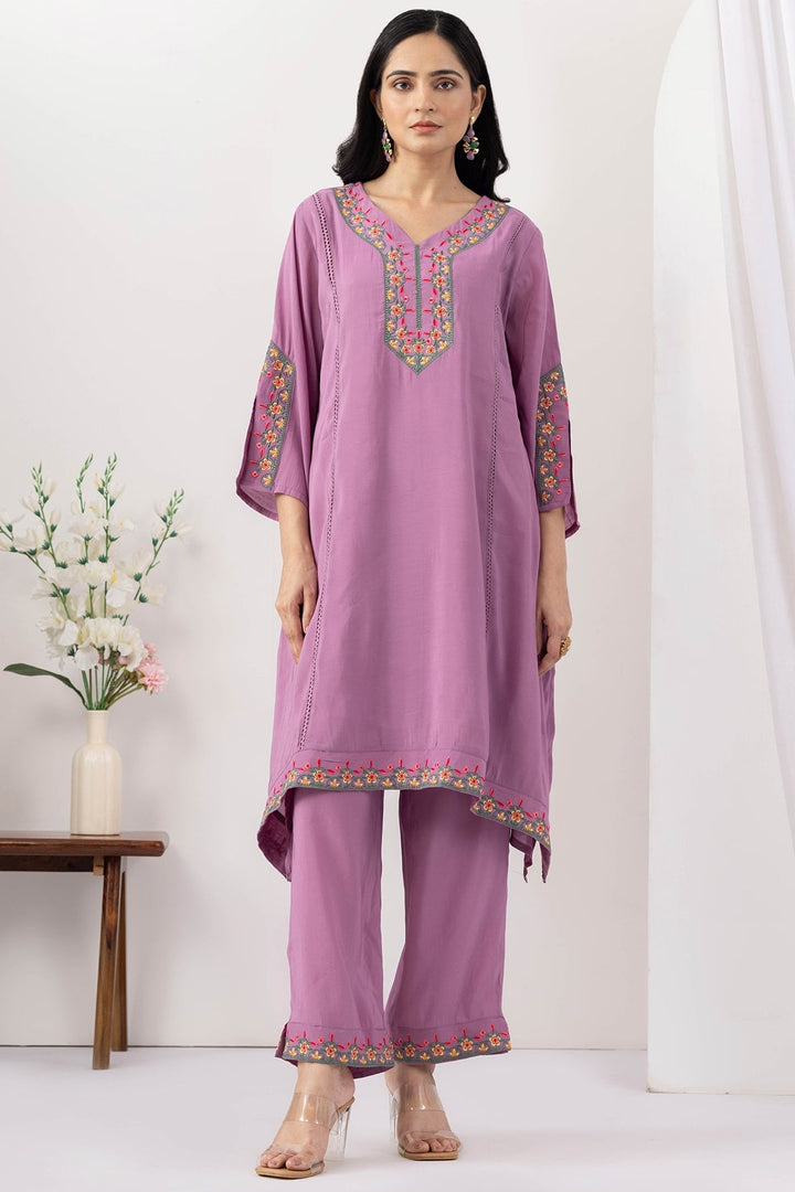 purple kurta set for women Chanderi viscose embroidered V neck 3/4 sleeves
