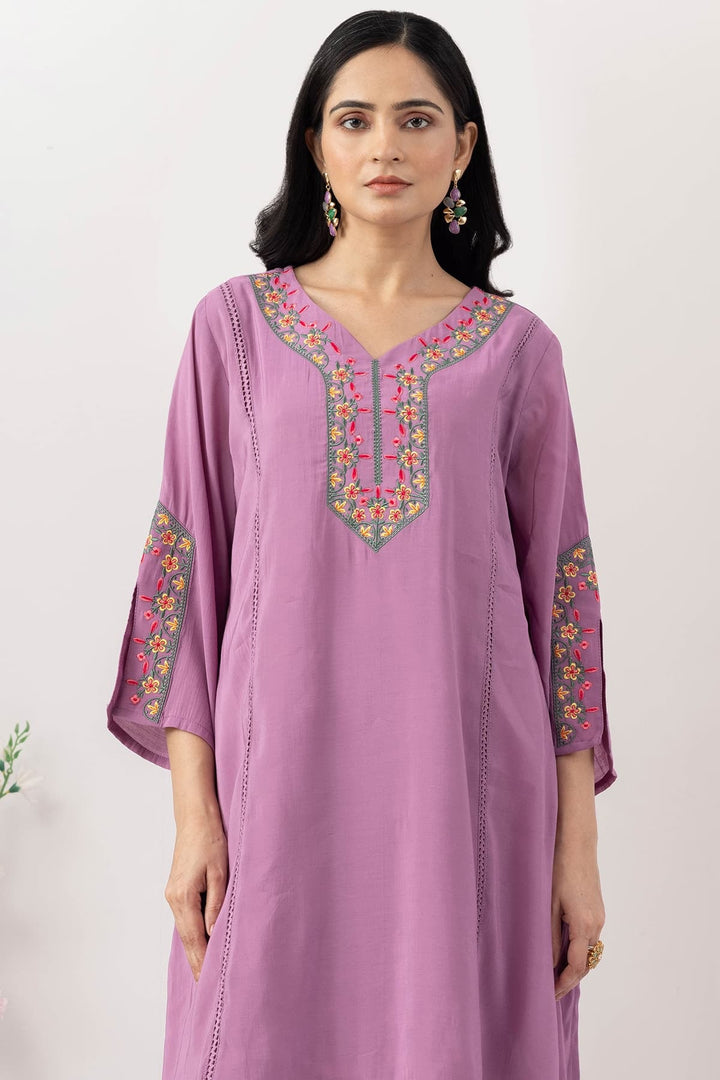 purple kurta set for women Chanderi viscose embroidered V neck 3/4 sleeves