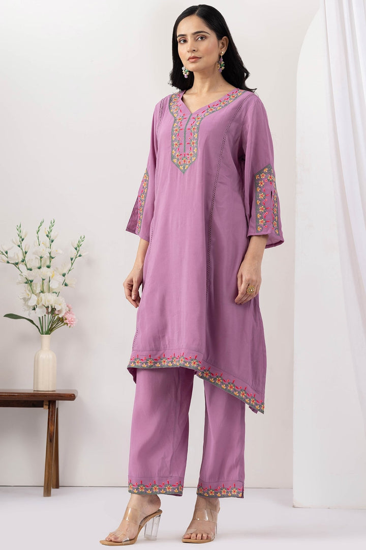 purple kurta set for women Chanderi viscose embroidered V neck 3/4 sleeves