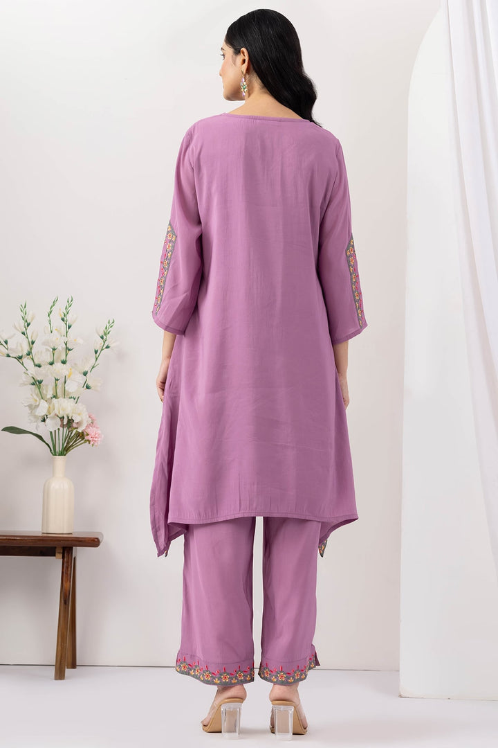 purple kurta set for women Chanderi viscose embroidered V neck 3/4 sleeves