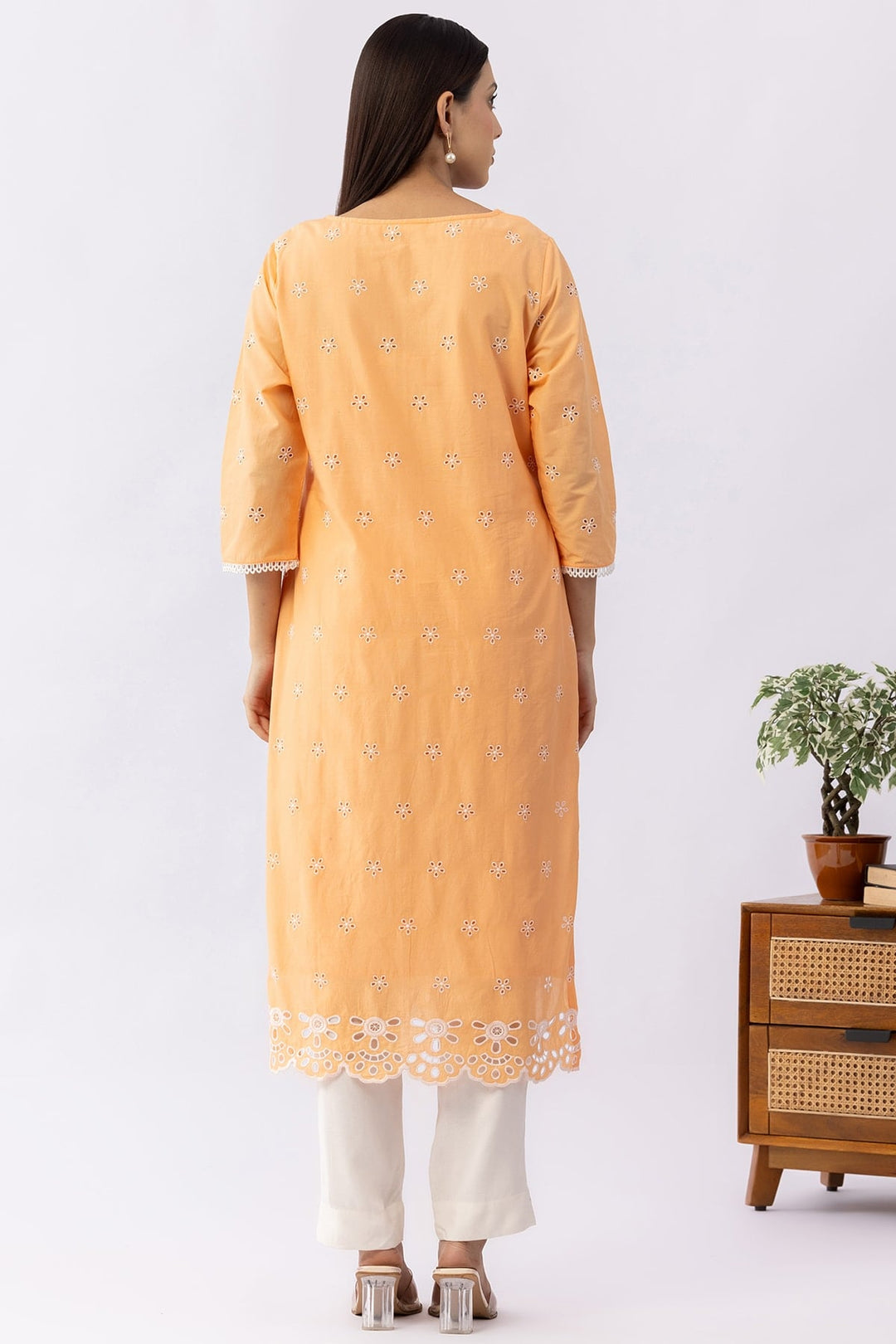 Peach Schiffli Cotton Kurti with Round Neck &amp; 3/4 Sleeves