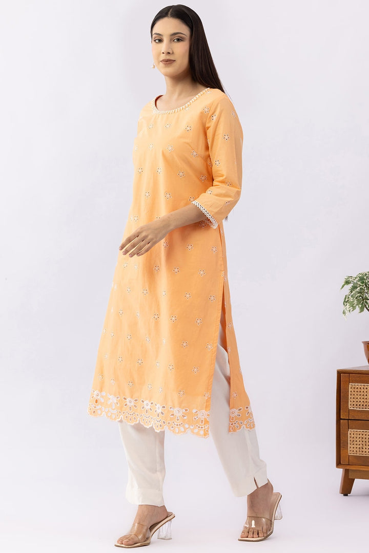 Peach Schiffli Cotton Kurti with Round Neck &amp; 3/4 Sleeves