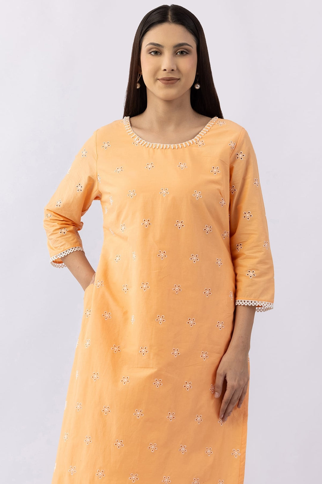 Peach Schiffli Cotton Kurti with Round Neck &amp; 3/4 Sleeves