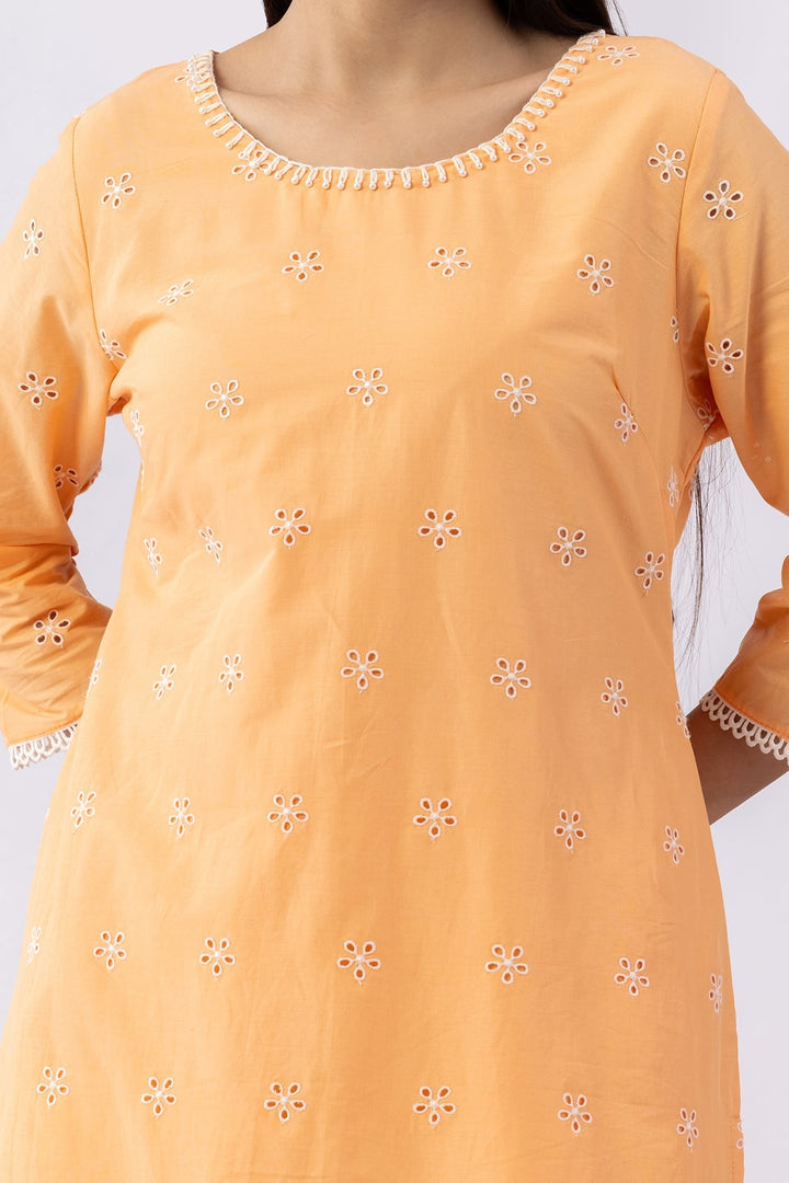 Peach Schiffli Cotton Kurti with Round Neck &amp; 3/4 Sleeves