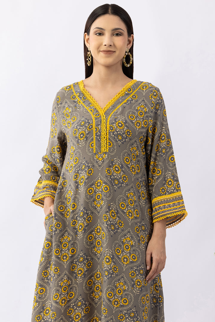 Grey Printed Viscose V Neck Kurti with 3/4 Sleeves