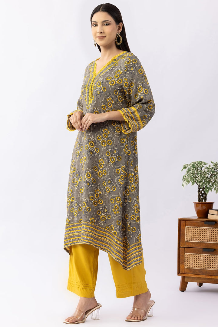 Grey Printed Viscose V Neck Kurti with 3/4 Sleeves