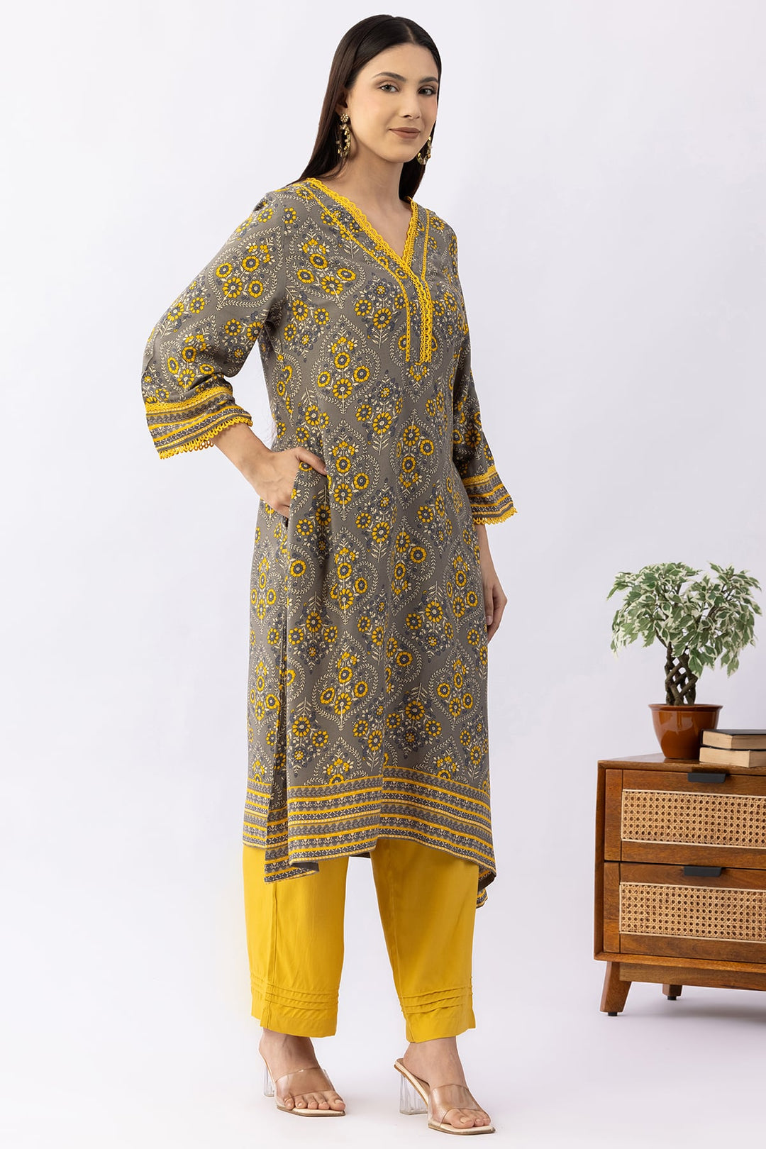 Grey Printed Viscose V Neck Kurti with 3/4 Sleeves