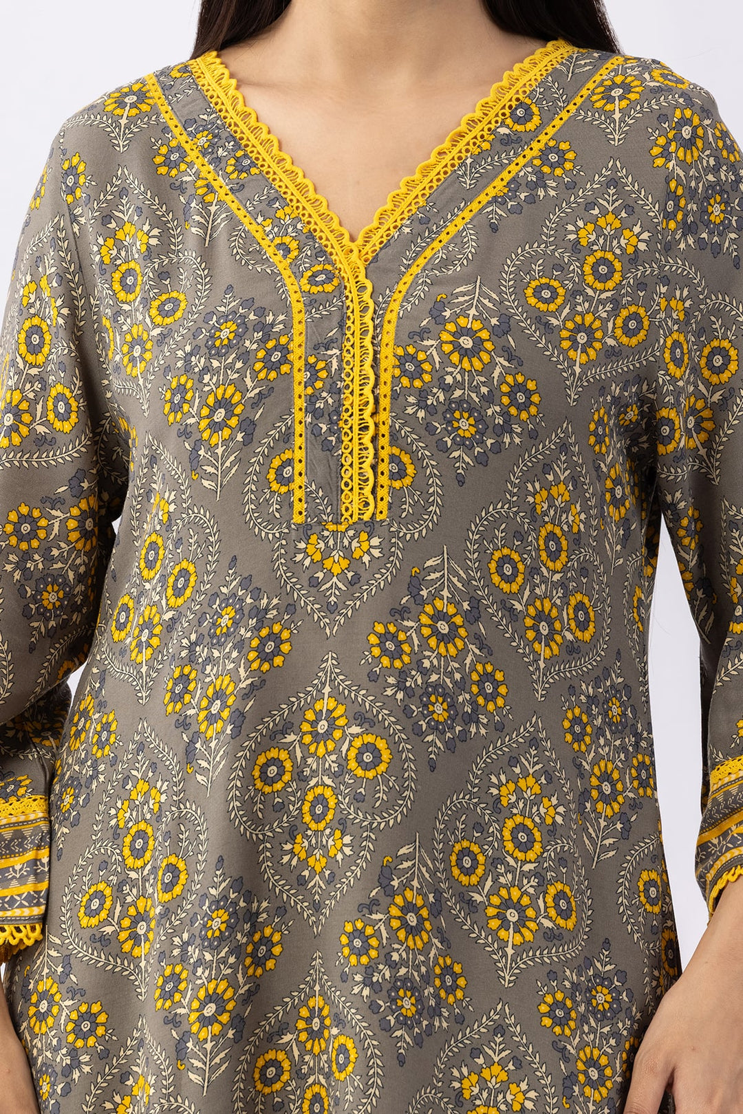 Grey Printed Viscose V Neck Kurti with 3/4 Sleeves