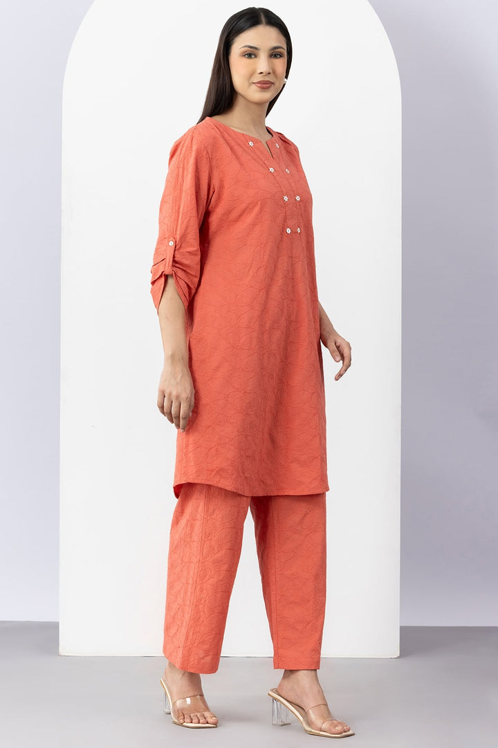 Orange Cotton Kurta Set For Women