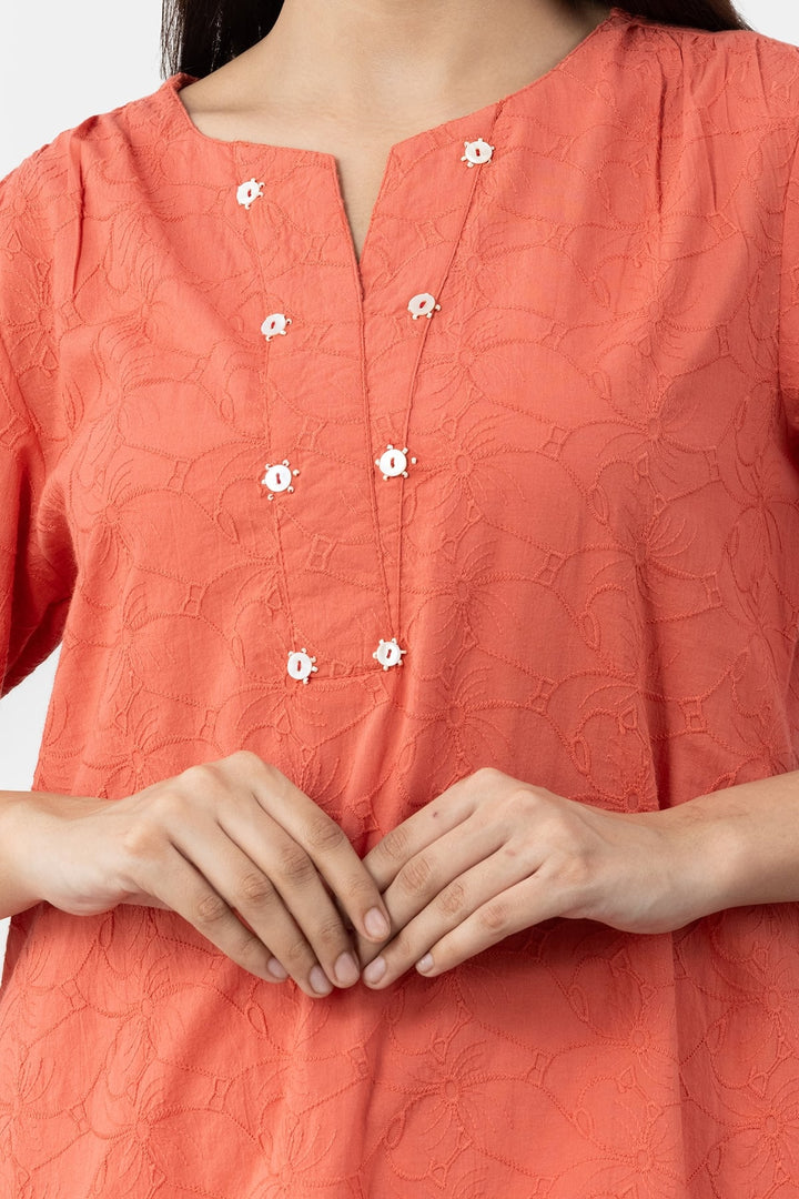 Orange Cotton Kurta Set For Women