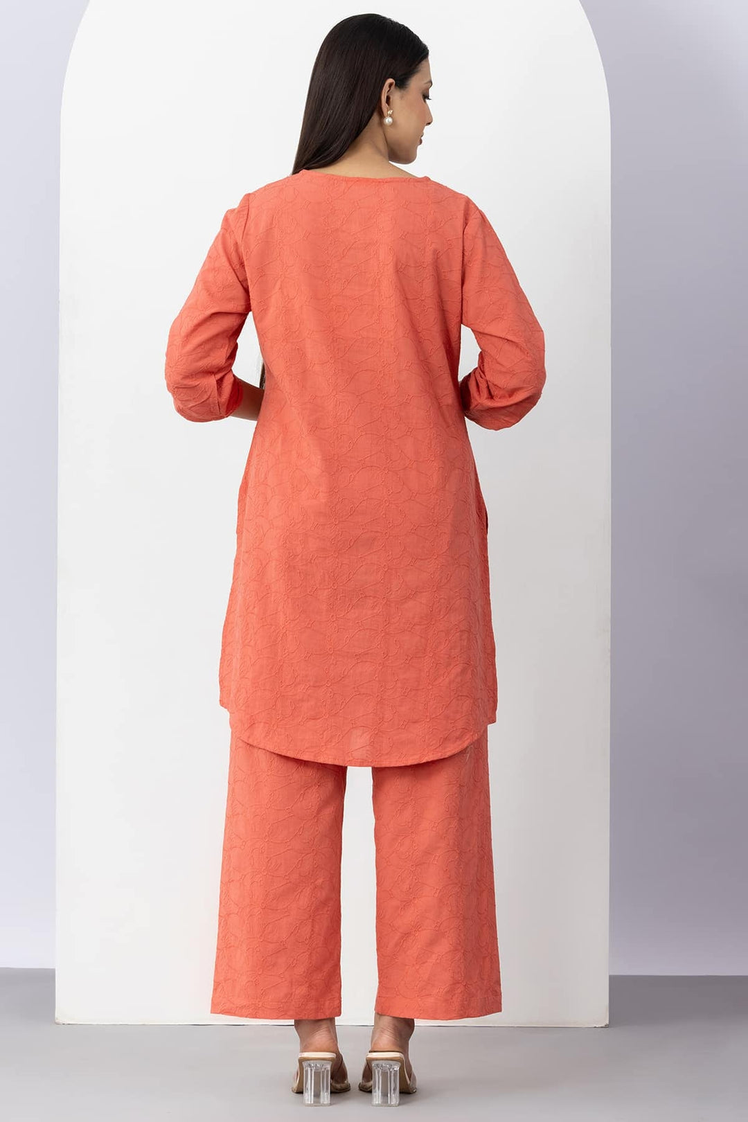 Orange Cotton Kurta Set For Women